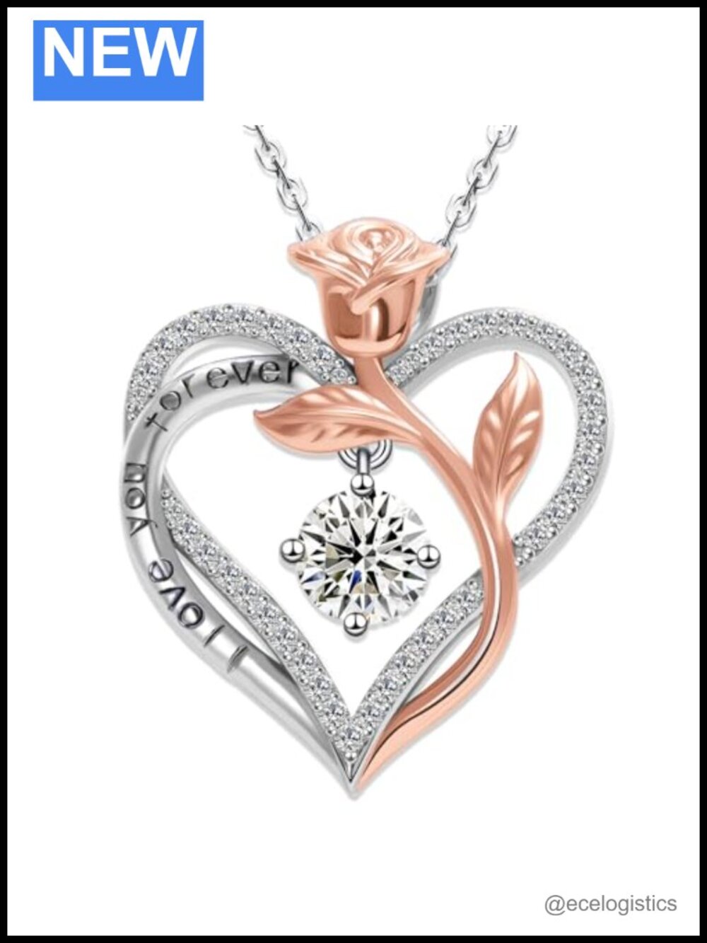 Rose Heart Moissanite Necklace 925 Sterling Silver 18K Gold Plated
